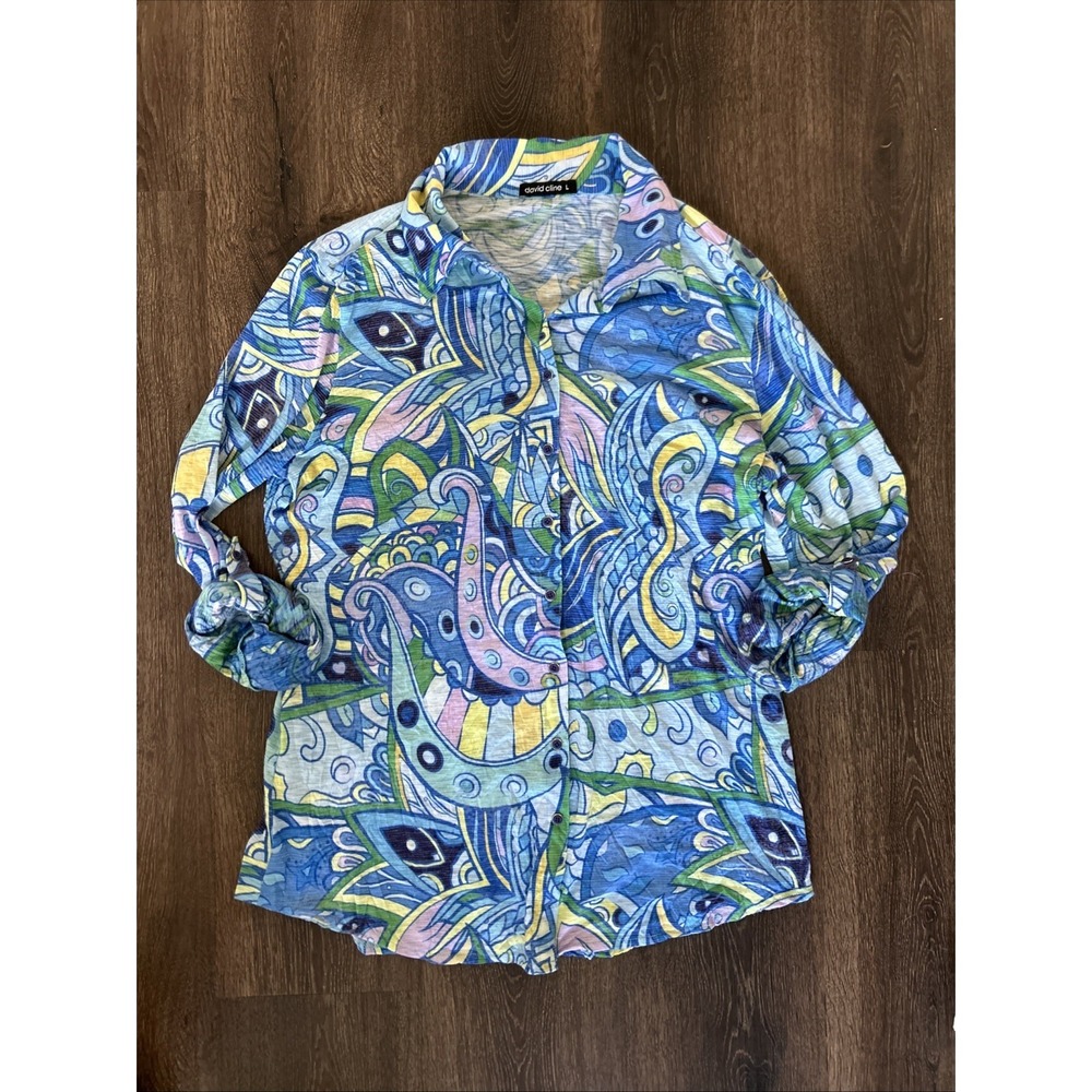 David Cline Shirt Top Women Snap Front Floral Artsy Preppy Colorful Blue Large